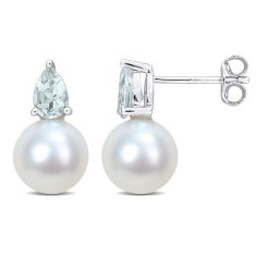 Freshwater Cultured Pearl and Aquamarine Sterling Silver Stud Earrings
