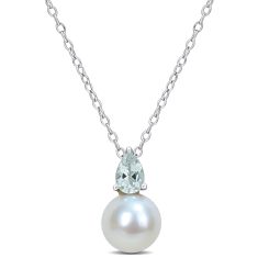 Freshwater Cultured Pearl and Aquamarine Sterling Silver Pendant Necklace