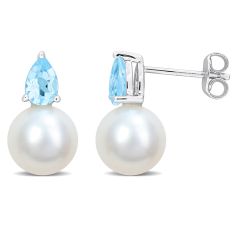 Freshwater Cultured Pearl and Blue Topaz Sterling Silver Stud Earrings