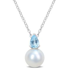 Freshwater Cultured Pearl and Blue Topaz Sterling Silver Pendant Necklace