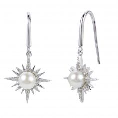 Freshwater Cultured Pearl and Created White Sapphire Sterling Silver Star Drop Earrings
