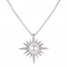 Freshwater Cultured Pearl and Created White Sapphire Sterling Silver Star Pendant Necklace