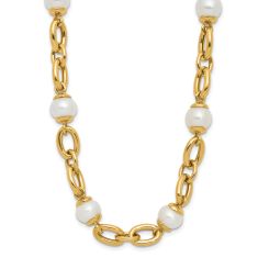 Freshwater Cultured Pearl and Solid Oval Link Yellow Gold Necklace