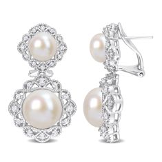 Freshwater Cultured Pearl and White Topaz Halo Sterling Silver Drop Earrings
