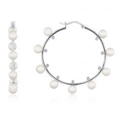 Freshwater Cultured Pearl and White Topaz Sterling Silver Hoop Earrings | 38mm