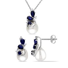 Freshwater Cultured Pearl, Blue Sapphire, and Diamond Earrings and Pendant Gift Set 1/10ctw