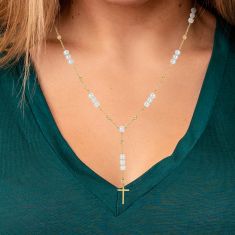 Freshwater Cultured Pearl, Brilliance Bead, and Cross Gold-Plated Y Necklace