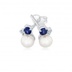 Freshwater Cultured Pearl, Created Blue Sapphire, and Created White Sapphire Sterling Silver Earrings