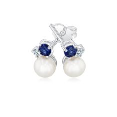 Freshwater Cultured Pearl, Created Blue Sapphire, and Created White Sapphire Sterling Silver Earrings