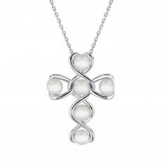 Freshwater Cultured Pearl Cross Sterling Silver Pendant Necklace