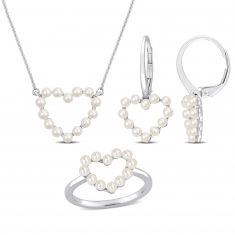 Freshwater Cultured Pearl Heart White Gold Earrings, Necklace, and Ring Gift Set