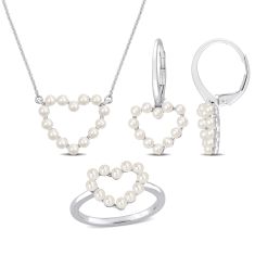 Freshwater Cultured Pearl Heart White Gold Earrings, Necklace, and Ring Gift Set