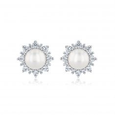 Freshwater Cultured Pearl and Created White Sapphire Stud Earrings