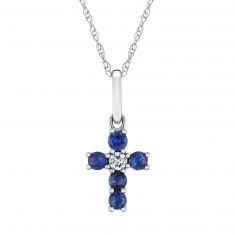 Genuine Blue Sapphire and 1/20ctw Diamond White Gold Cross Pendant Necklace | Watercolor