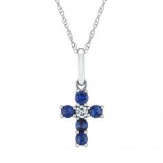 Genuine Blue Sapphire and 1/20ctw Diamond White Gold Cross Pendant Necklace - Watercolor Collection