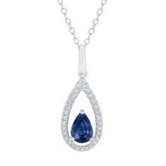 Genuine Blue Sapphire and Diamond Pear Drop Pendant Necklace 1/5ctw