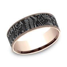 Grey Tantalum and 14k Rose Gold 7.5mm Kennedy Coin Pattern Comfort Fit Wedding Band