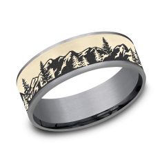 Grey Tantalum and 14k Yellow Gold 7.5mm Mountain Scene Comfort Fit Wedding Band