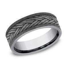Grey Tantalum Wheat Weave Pattern Milgrain Edge Comfort Fit Band 7mm