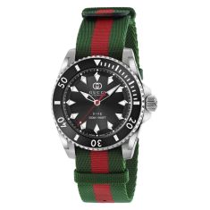 Gucci Dive Black Dial Green and Red Nylon Watch Strap - YA136364