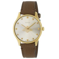 Gucci G-Timeless Bee Silver-Tone Dial Brown Leather Strap Watch | 36mm | YA1264199