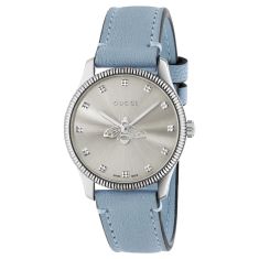 Gucci G-Timeless Bee Silver-Tone Dial Light Blue Leather Strap Watch | 29mm | YA1265039