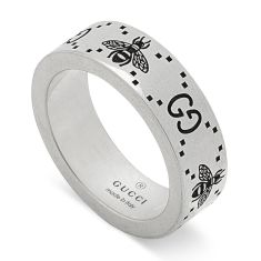 Gucci GG and Bee Engraved Sterling Silver Ring | 6mm | Size 10