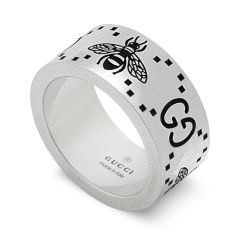 Gucci GG and Bee Engraved Sterling Silver Wide Ring | 9mm | Size 9