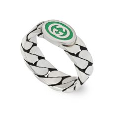 Gucci Interlocking G Green Enamel Sterling Silver Ring