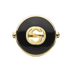 Gucci Interlocking Large Black Onyx Yellow Gold Ring - Size 8