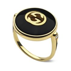 Gucci Interlocking Large Black Onyx Yellow Gold Ring - Size 8
