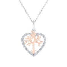 Hallmark Diamonds Two-Tone Heart and Family Tree Pendant Necklace 1/5ctw