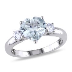 Heart-Shaped Aquamarine and Created White Sapphire Sterling Silver Ring