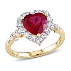 Heart-Shaped Created Ruby, White Topaz, and Diamond Accent Yellow Gold Fashion Ring