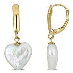 Heart-Shaped Freshwater Cultured Pearl Yellow Gold Leverback Earrings