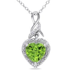 Heart Peridot and 1/20ctw Diamond Halo Sterling Silver Pendant Necklace