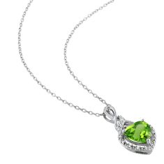 Heart Peridot and 1/20ctw Diamond Halo Sterling Silver Pendant Necklace