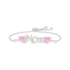 Heart Created Pink Sapphire MOM Sterling Silver Bolo Bracelet