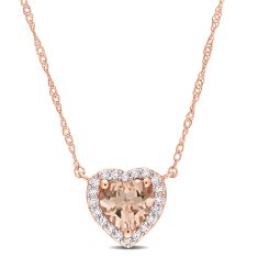 Heart Morganite 1/10ctw Diamond Halo Rose Gold Pendant Necklace