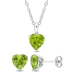 Heart Peridot Sterling Silver Pendant Necklace and Stud Earrings Set