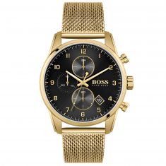 Hugo Boss Skymaster Chronograph Black Dial Gold-Tone Mesh Bracelet Watch | 44mm | 1513838
