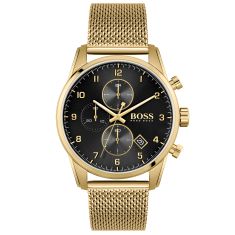 Hugo Boss Skymaster Chronograph Black Dial Gold-Tone Mesh Bracelet Watch | 44mm | 1513838