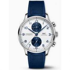 IWC Portugieser Chronograph White Dial Blue Leather Strap Watch 41mm IW371620 REEDS Jewelers