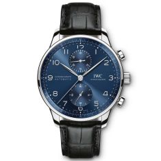 IWC Portugieser Chronograph Watch, Blue Dial Black Leather Strap IW371606