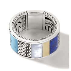John Hardy Carved Chain Turquoise Inlay Sterling Silver Band Ring | 11.5mm