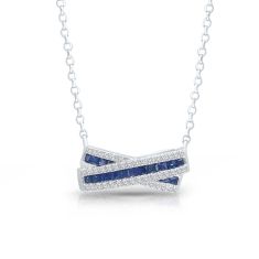 Kallati Blue Sapphire and 1/6ctw Diamond 14k White Gold Bar Necklace