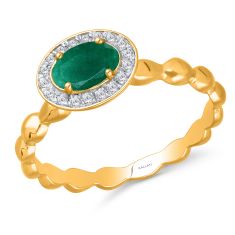 Kallati Emerald and 1/10ctw Diamond Halo Scalloped Yellow Gold Ring | Size 7