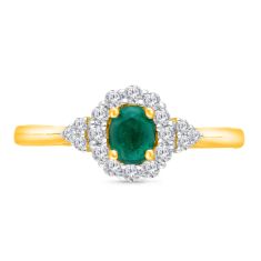 Kallati Emerald and 1/4ctw Diamond Halo Yellow Gold Ring
