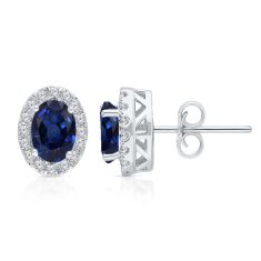 Kallati Oval Blue Sapphire and 1/5ctw Diamond Halo White Gold Stud Earrings