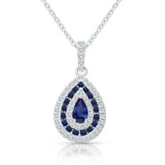 Kallati Pear Blue Sapphire and 1/5ctw Diamond White Gold Pendant Necklace